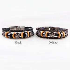 Multilayer leather bracelet with black and coffee beads and sunflower metal charm