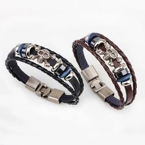 Fashion punk skull multi-layer braided leather bracelet with vintage metal charms