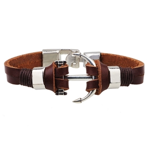 Vintage brown leather anchor bracelet with silver metal buckle and nautical woven details