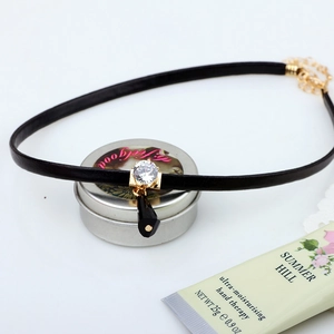 Minimalist black leather choker necklace with gold-set zircon and black water drop pendant