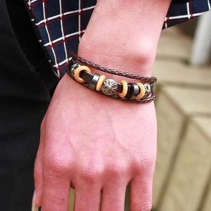 Men's retro punk multilayer leather bracelet with braided cord and cross metal charm