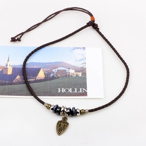 Retro braided leather necklace with bronze totem shield pendant and decorative beads