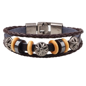 Retro multi-layer leather bracelet with sunflower metal charms and wooden beads