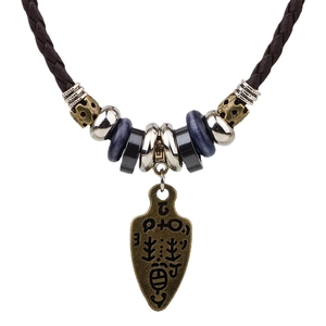 Vintage braided leather cord necklace with bronze arrow pendant and ethnic beads