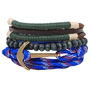 Detail showing a multilayer anchor bracelet with leather cords and nautical rope texture