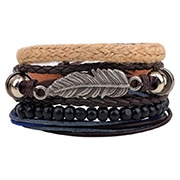 Detail view of multi-layer woven bracelet with leather cords and silver feather charm