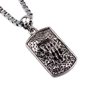 Punk style silver devil hand and rose necklace with skull bail on square pendant