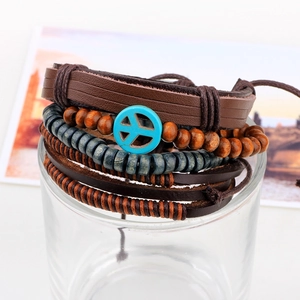 Bohemian multi-layer leather bracelet with blue peace sign and wooden beads decoration