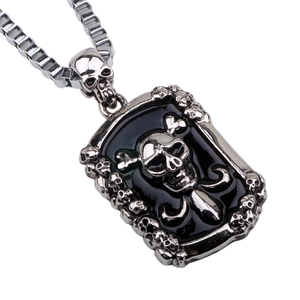 Retro punk skull pendant necklace for men featuring a black box chain and silver alloy