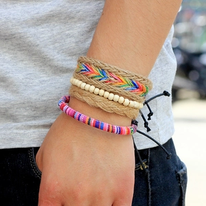 Bohemian multi-layer handmade braided bracelet set with colorful rainbow patterns