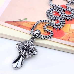 Gothic skull spider web cross pendant necklace with box chain in vintage silver metal