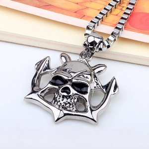 Gothic silver skull anchor pendant with robust square box chain for men fashion style