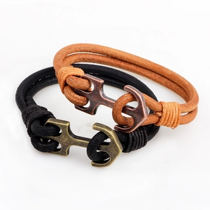 Retro double-layer leather bracelets with alloy anchor clasps in black and brown colors