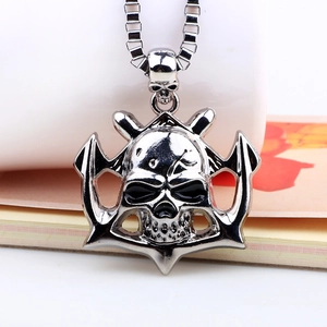 Retro silver skull and anchor pendant necklace with chunky box chain for men