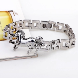 Vintage silver metal chain bracelet featuring a galloping horse charm for men
