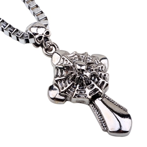 Gothic silver spider and cross pendant necklace with skull detail on a sturdy box chain