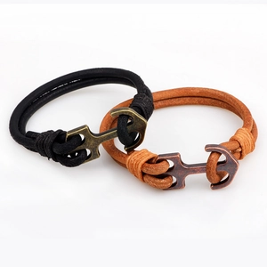 Vintage leather anchor bracelets for men featuring black and brown braided straps