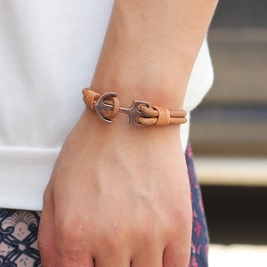 Retro brown leather anchor bracelet for men with vintage copper metal clasp