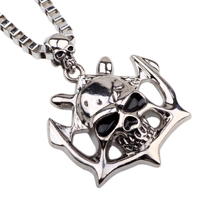 Men's punk style vintage silver skull pendant necklace with anchor and box chain