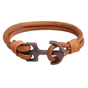 Vintage brown leather nautical anchor bracelet with bronze alloy clasp for men