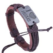 Bracciale in pelle intrecciata marrone con placca in metallo opaco e scritta I Love Jesus