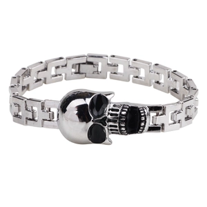 Silver gothic skull bracelet with black enamel eyes and industrial link chain for men
