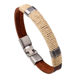 Retro multi-layer woven leather men's bracelet with vintage silver alloy clasp