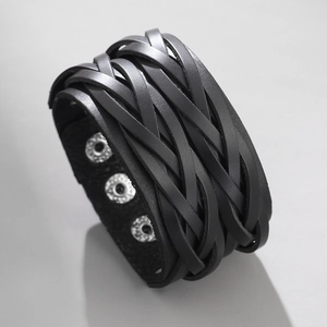 Punk style multi-layer braided leather bracelet with adjustable silver metal snaps