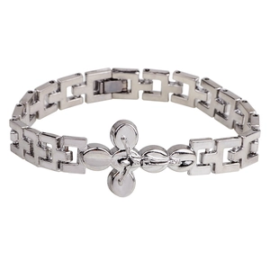 Polished silver metal cross bracelet with textured link chain and religious relief motif