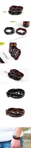 Macro detail of multilayer leather bracelet with retro metal hook clasp and engraved text