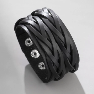 Retro woven genuine leather punk bracelet with adjustable silver snap buttons