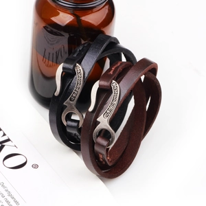 Retro multi-layer leather wrap bracelet with vintage S-hook metal clasp for men and women