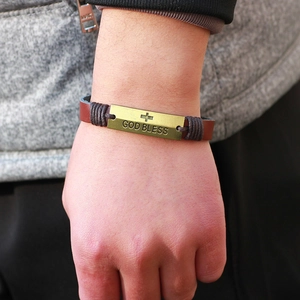 Retro Men Leather Bracelet God Bless Cross Bronze Alloy Hand-woven Braided Wristband Religious Jewelry Gift For Unisex