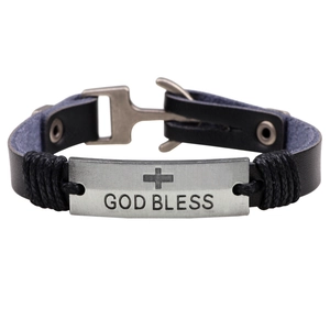 Men's black leather bracelet with a silver metal cross and GOD BLESS engraving