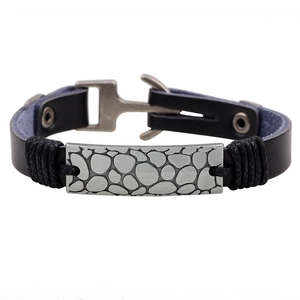 Vintage Genuine Leather Bracelet For Men Alloy Pebble Texture Metal Plate Distressed Retro Casual Charm Bracelet Jewelry