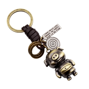 Porte-clés Pendentif Cochon Style Champêtre Rétro Alliage de Métal Vintage Cordon en Cuir Tressé Anneau pour Clés de Voiture