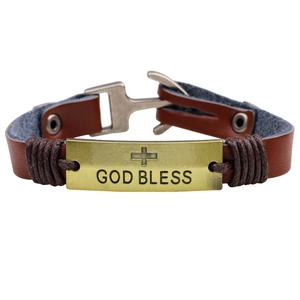 Retro brown leather bracelet with God Bless engraved gold cross metal plate