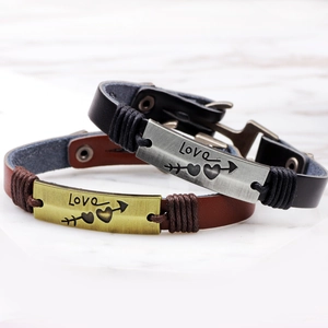 Retro leather bracelets with Love heart arrow engraving for couples in black and brown