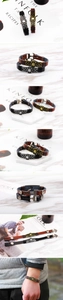 Detail of vintage anchor leather bracelets in black and brown with engraved metal U-buckle