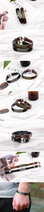 Detailed close-up of vintage braided leather bracelet with engraved Greek key metal pattern