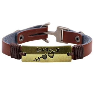 Vintage brown leather bracelet with Love arrow engraving and adjustable buckle