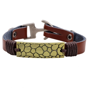 Retro mens brown leather bracelet with vintage gold metal plate and anchor dragon pattern