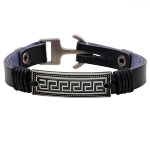 Vintage Men's Multi-layer Woven Leather Bracelet With Greek Key Pattern Alloy Anchor Hook Clasp Punk Jewelry Gift
