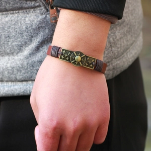 Vintage Punk Genuine Leather Anchor Bracelet Alloy Star Sun Charm Hand-woven Cuff Bangle For Men Everyday Fashion Jewelry
