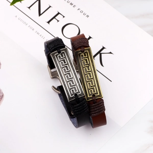 Vintage braided leather bracelets with Greek pattern metal plates in black and brown