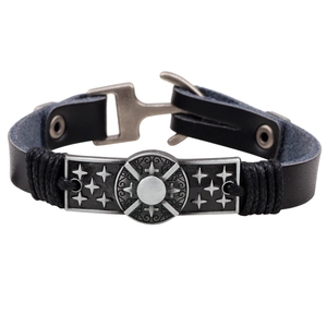 Men's punk leather bracelet with vintage silver anchor star charm and braided edge detail