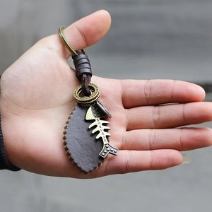 Handheld vintage bronze fishbone keychain with genuine brown leather and metal rings