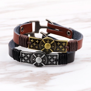 Retro genuine leather anchor bracelets with vintage alloy plates for men and women