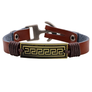 Vintage dark brown braided leather bracelet with antique bronze Greek key metal plate