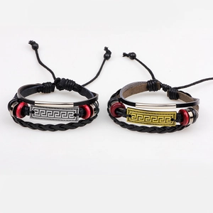 Set di bracciali vintage in pelle intrecciata con motivo greco e cordino regolabile
